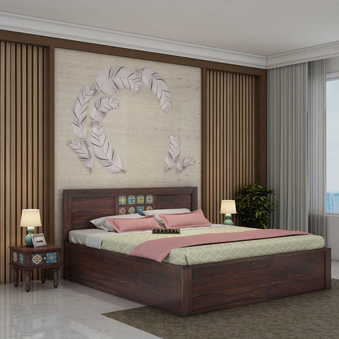 Dotwork Solid Sheesham Wood Bed With Box Storage (King Size, Walnut Finish)