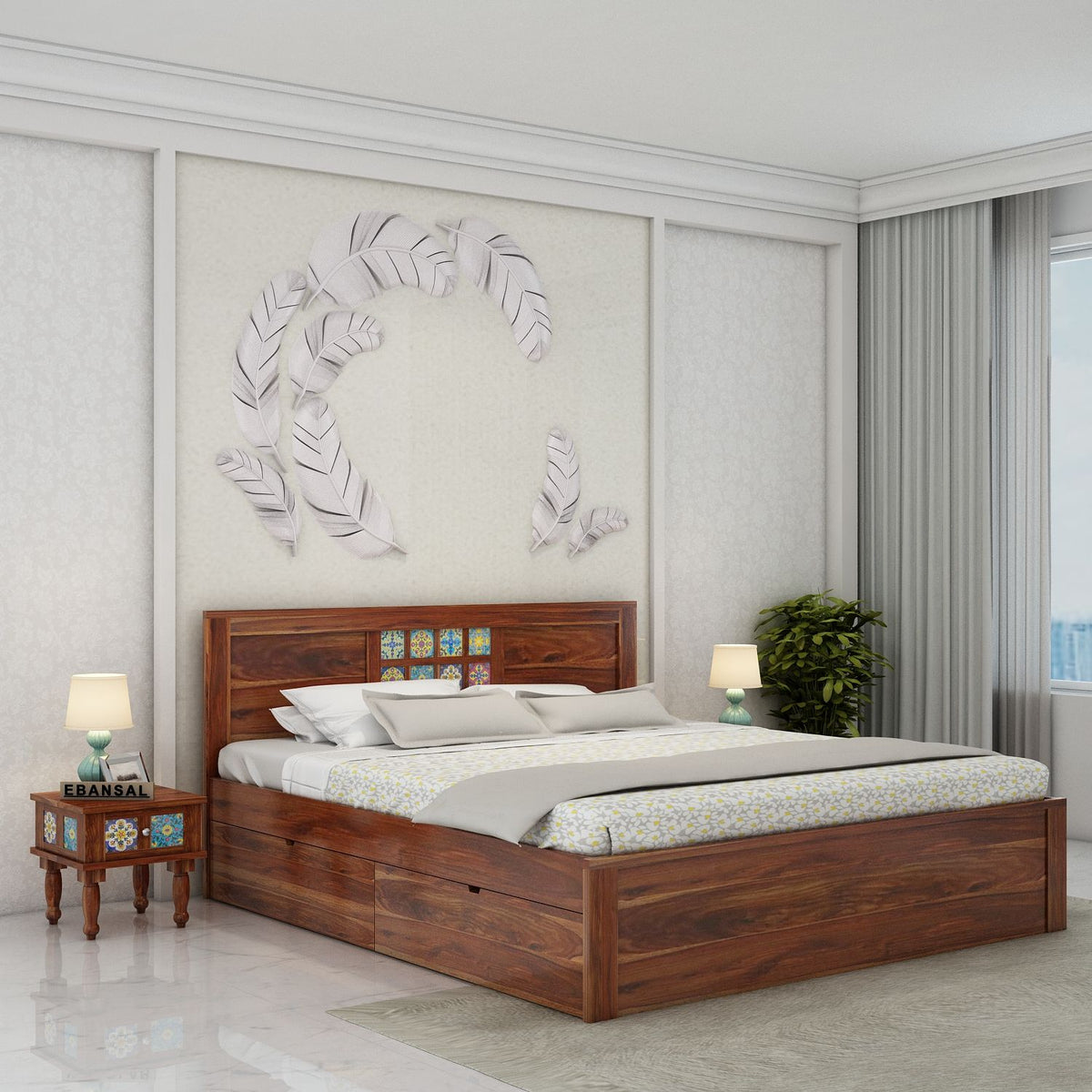 Dotwork Solid Sheesham Wood Bed With Four Drawers (King Size, Natural Finish)