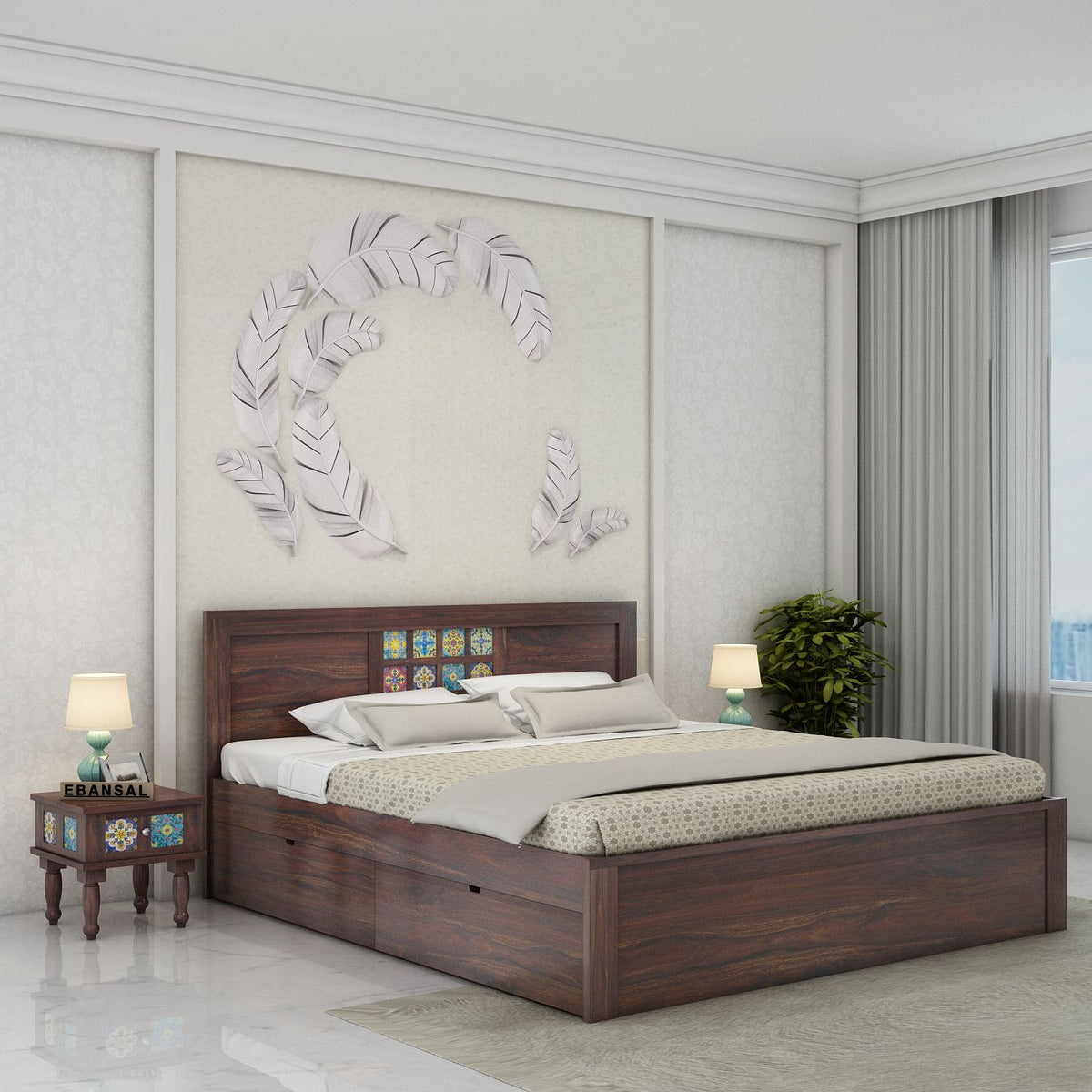 Dotwork Solid Sheesham Wood Bed With Four Drawers (King Size, Walnut Finish)