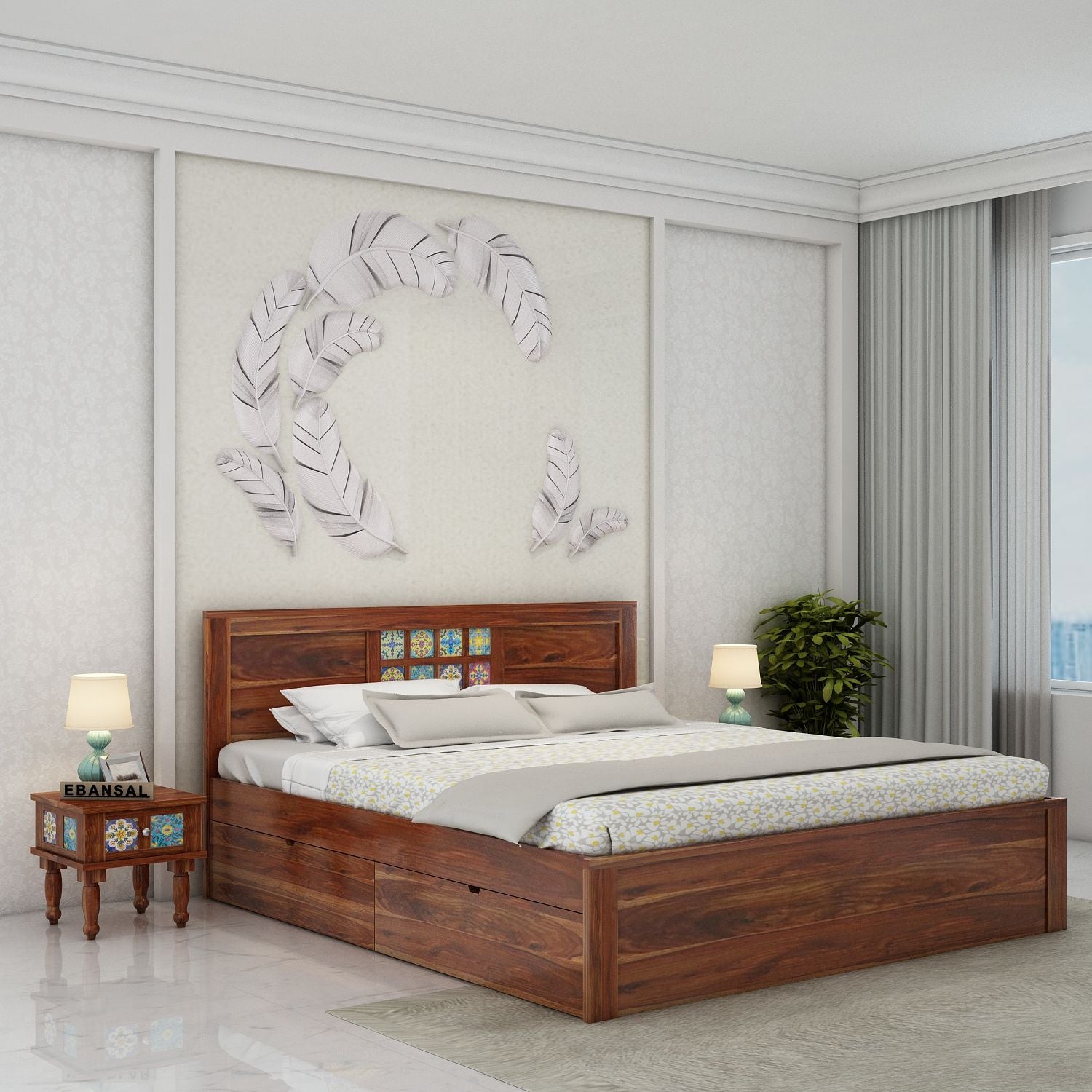 Dotwork Solid Sheesham Wood Bed With Four Drawers (Queen Size, Natural Finish)