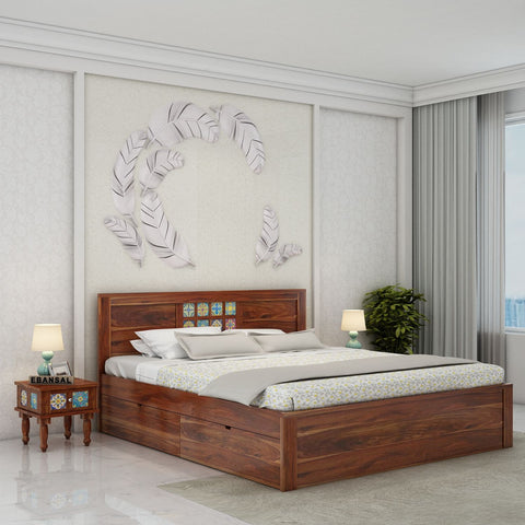 Dotwork Solid Sheesham Wood Bed With Four Drawers (Queen Size, Natural Finish)