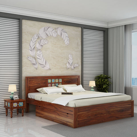 Dotwork Solid Sheesham Wood Bed With Two Drawers (King Size, Natural Finish)
