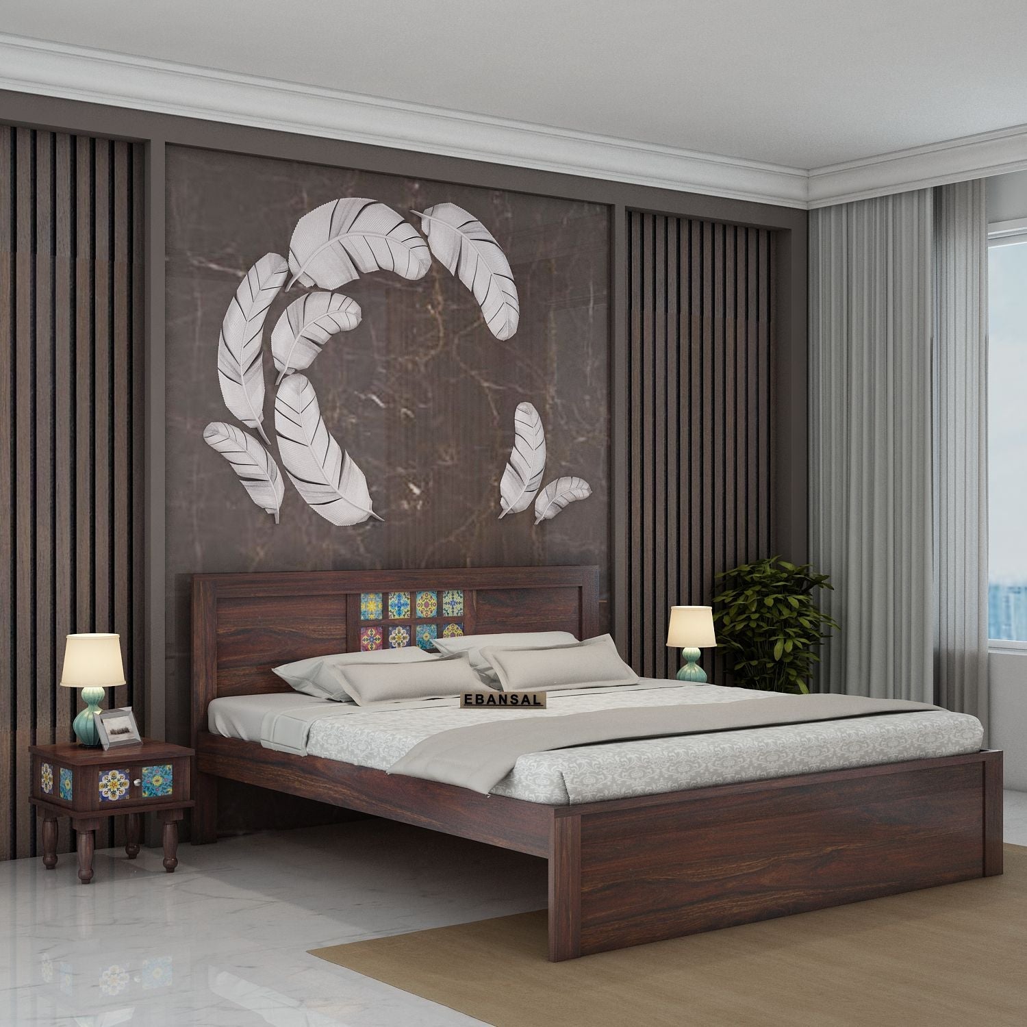 Dotwork Solid Sheesham Wood Bed Without Storage (Queen Size, Walnut Finish)