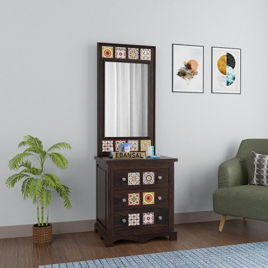 Dotwork Solid Sheesham Wood Dressing Table With Drawers (Walnut Finish)