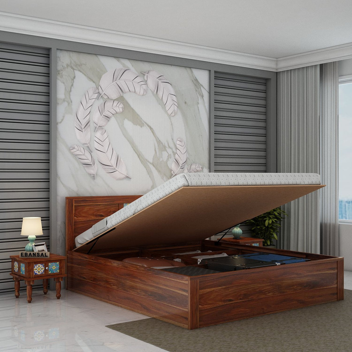 Dotwork Solid Sheesham Wood Hydraulic Bed With Box Storage (King Size, Natural Finish)