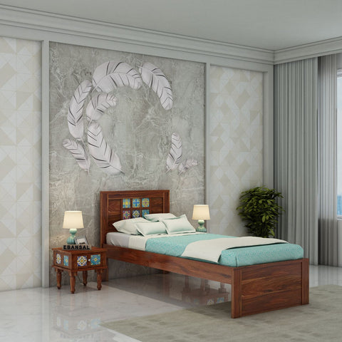 Dotwork Solid Sheesham Wood Single Bed Without Storage (Natural Finish)