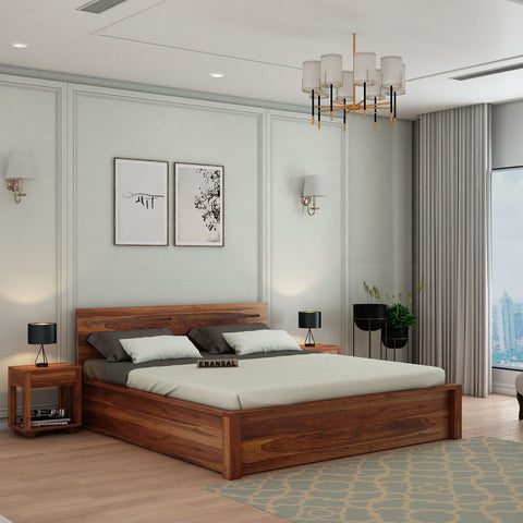 Due Solid Sheesham Wood Bed With Box Storage (King Size, Natural Finish)