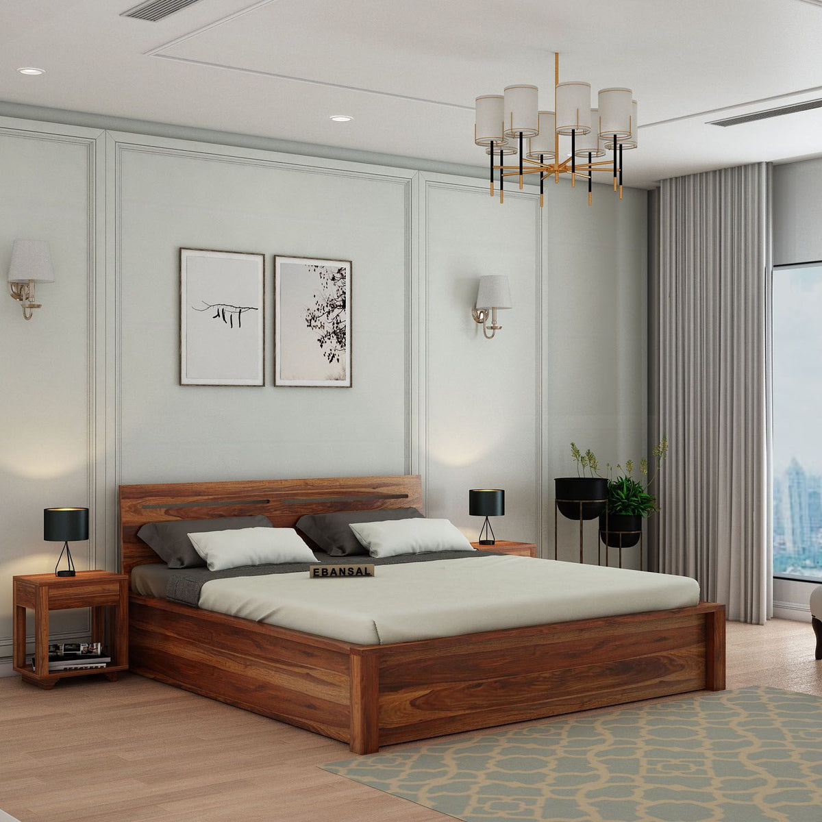 Due Solid Sheesham Wood Bed With Box Storage (Queen Size, Natural Finish)