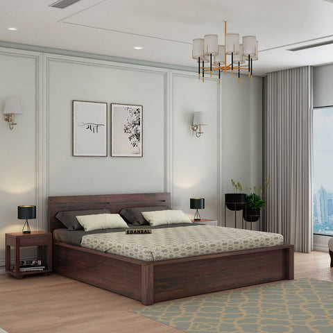 Due Solid Sheesham Wood Bed With Box Storage (Queen Size, Walnut Finish)