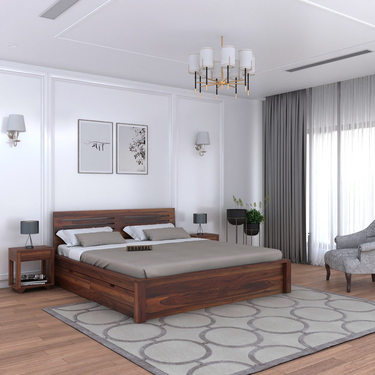 Due Solid Sheesham Wood Bed With Four Drawers (King Size, Natural Finish)