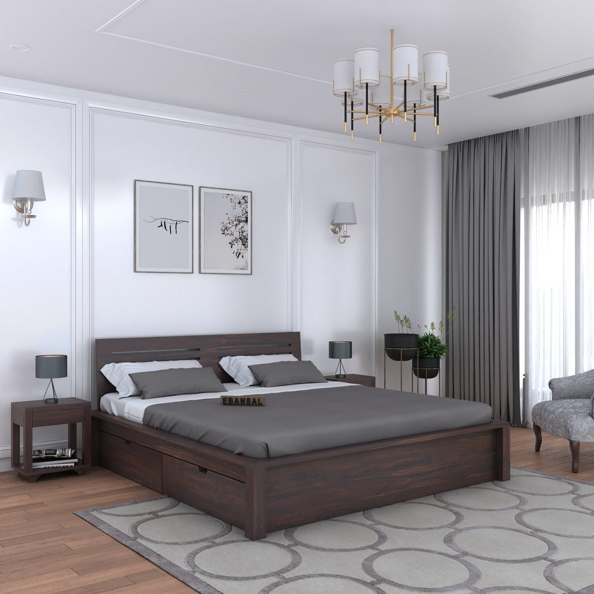Due Solid Sheesham Wood Bed With Four Drawers (King Size, Walnut Finish)