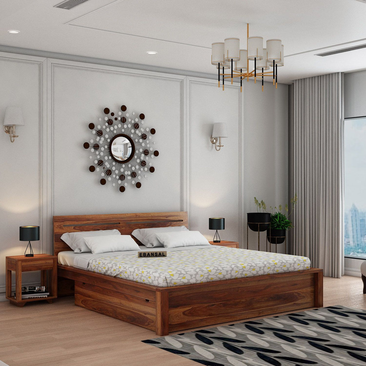 Due Solid Sheesham Wood Bed With Two Drawers (King Size, Natural Finish)