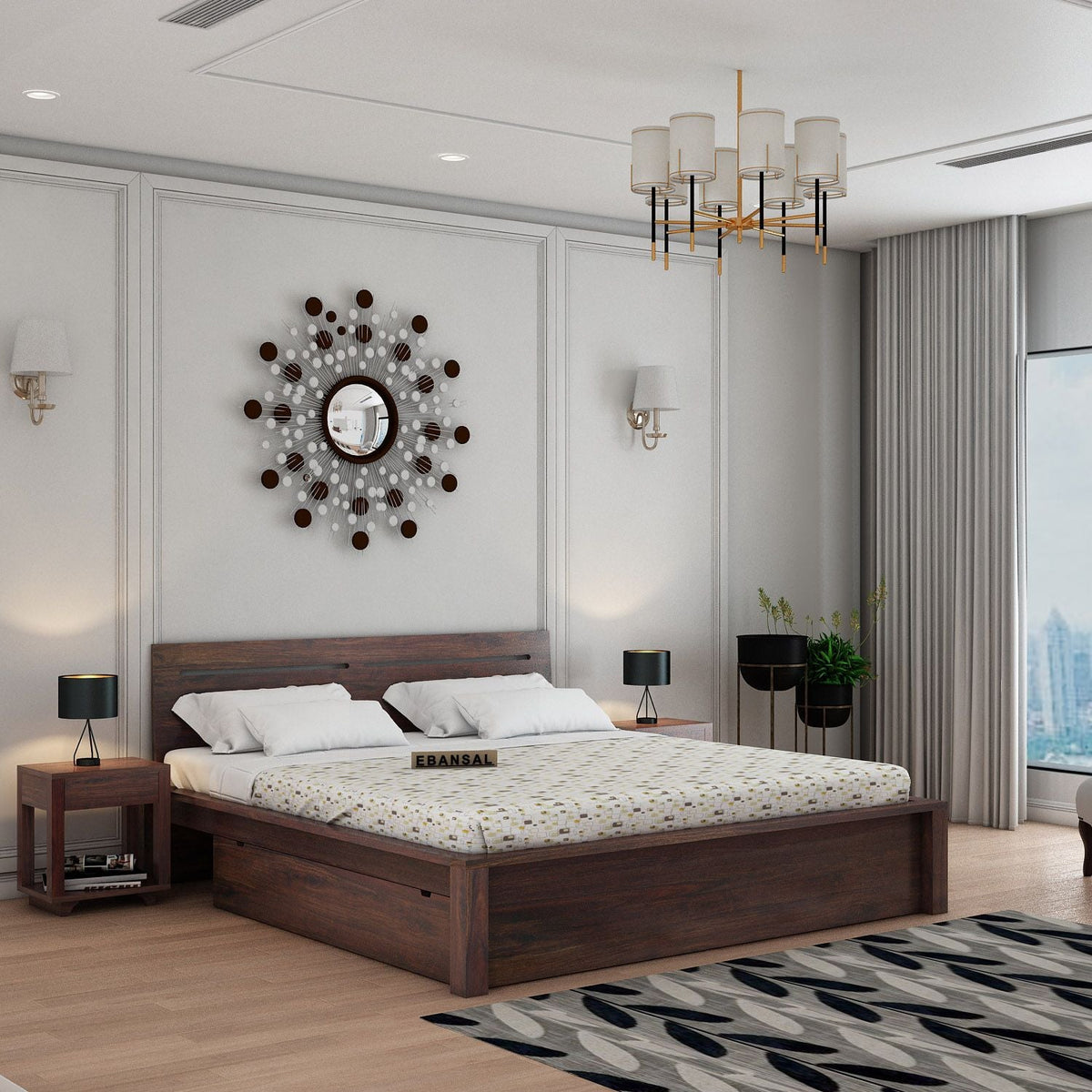 Due Solid Sheesham Wood Bed With Two Drawers (Queen Size, Walnut Finish)