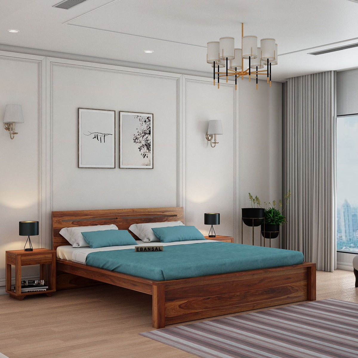 Due Solid Sheesham Wood Bed Without Storage (Queen Size, Natural Finish)