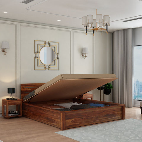 Due Solid Sheesham Wood Hydraulic Bed With Box Storage (King Size, Natural Finish)