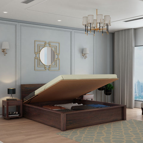 Due Solid Sheesham Wood Hydraulic Bed With Box Storage (King Size, Walnut Finish)