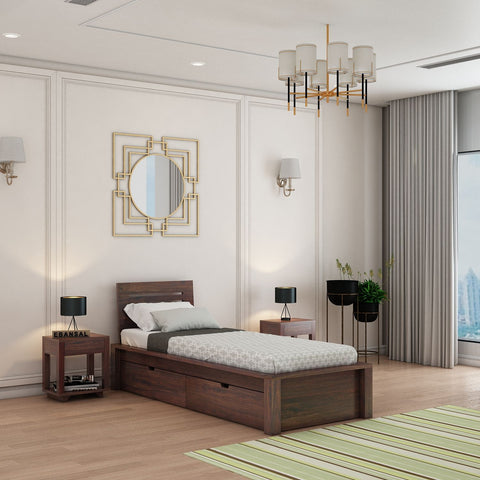 Due Solid Sheesham Wood Single Bed With Two Drawers (Walnut Finish)
