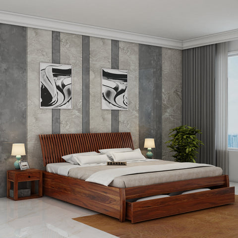 Dumdum Solid Sheesham Wood Bed With One Drawer (Queen Size, Natural Finish)