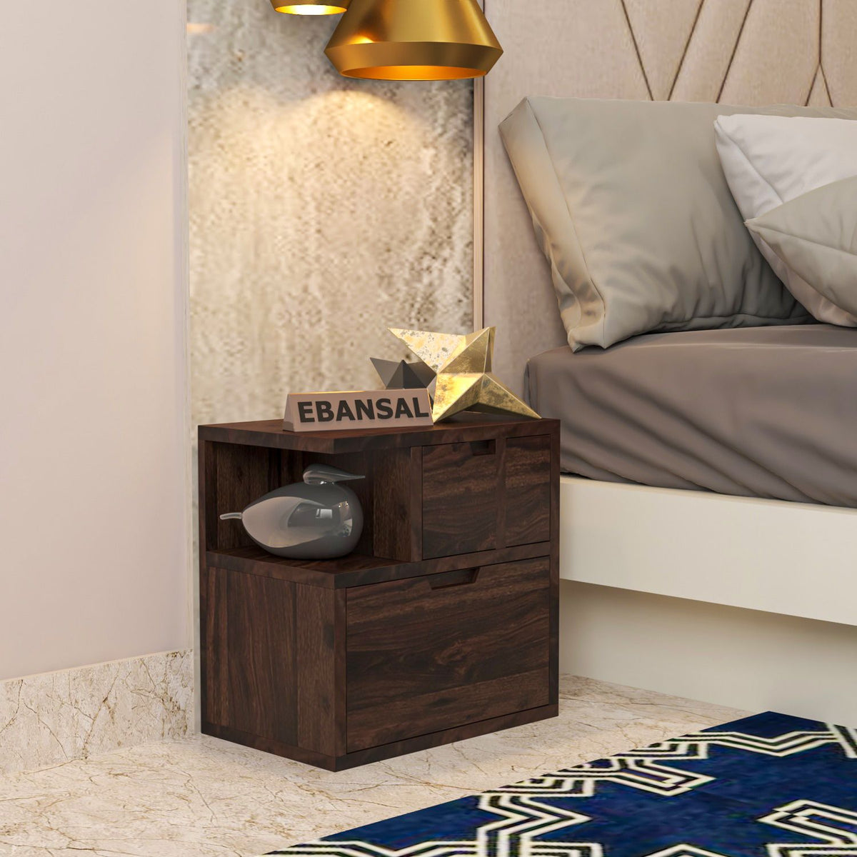 Dumdum Solid Sheesham Wood Bedside Table With Drawers (Walnut Finish)