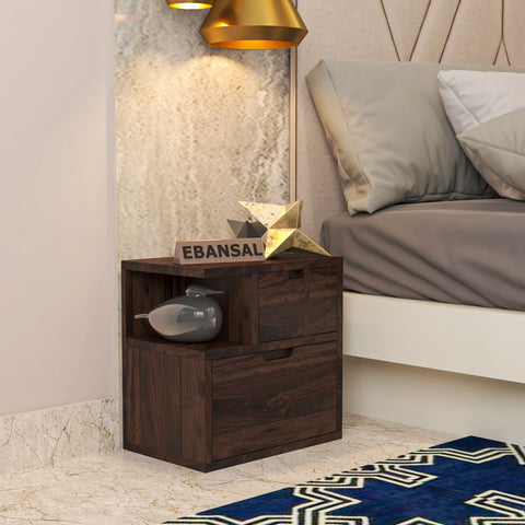 Dumdum Solid Sheesham Wood Bedside Table With Drawers (Walnut Finish)