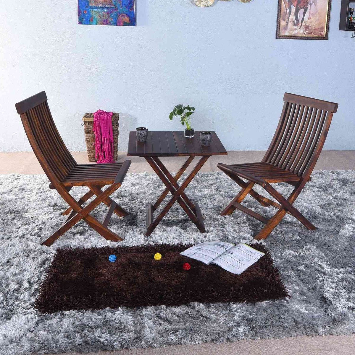 Dumdum Solid Sheesham Wood Foldable Balcony Chairs and Table Set (Natural Finish)