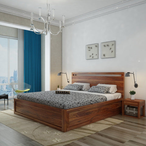 Livinn Solid Sheesham Wood Bed With Box Storage (Queen Size, Natural Finish)