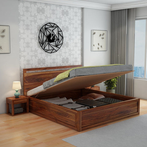 Livinn Solid Sheesham Wood Hydraulic Bed With Box Storage (Queen Size, Natural Finish)