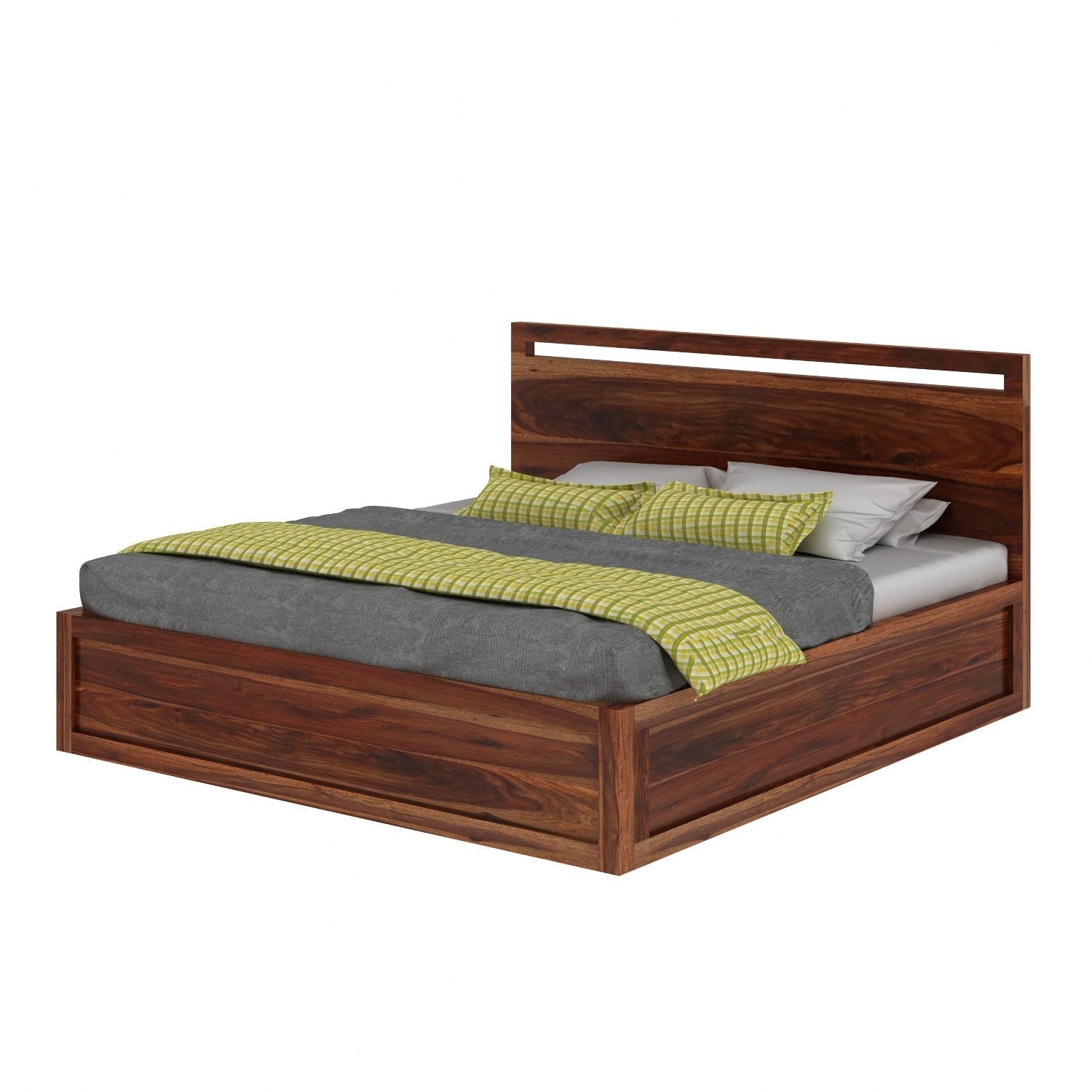 Livinn Solid Sheesham Wood Hydraulic Bed With Box Storage (Queen Size, Natural Finish)