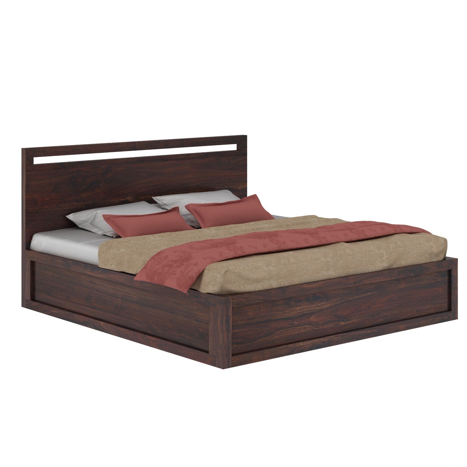 Livinn Solid Sheesham Wood Hydraulic Bed With Box Storage (Queen Size, Walnut Finish)