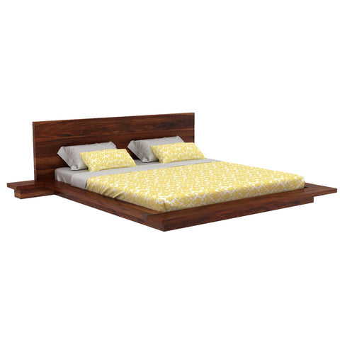 Woodora Solid Sheesham Wood Bed With Bedside Tables (Queen Size, Natural Finish)