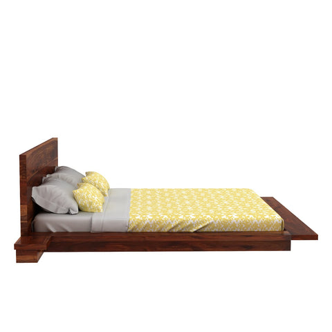 Woodora Solid Sheesham Wood Bed With Bedside Tables (Queen Size, Natural Finish)