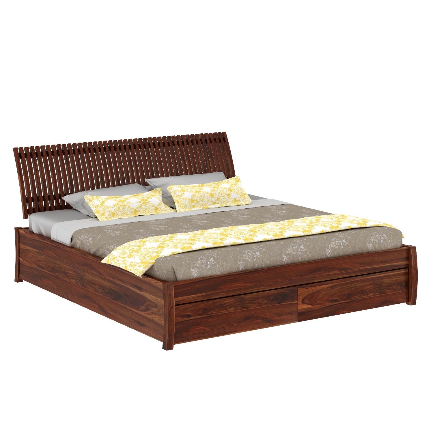 Dumdum Solid Sheesham Wood Bed With Two Drawers (Queen Size, Natural Finish)