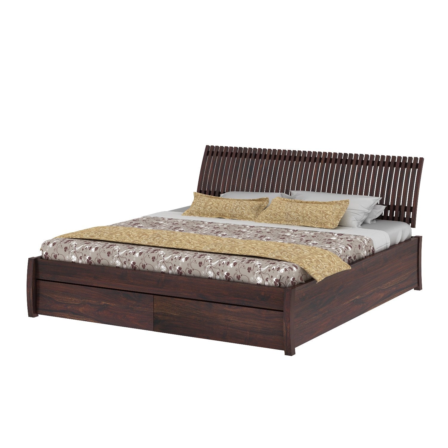 Dumdum Solid Sheesham Wood Bed With Two Drawers (King Size, Walnut Finish)