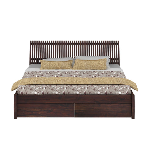 Dumdum Solid Sheesham Wood Bed With Two Drawers (Queen Size, Walnut Finish)