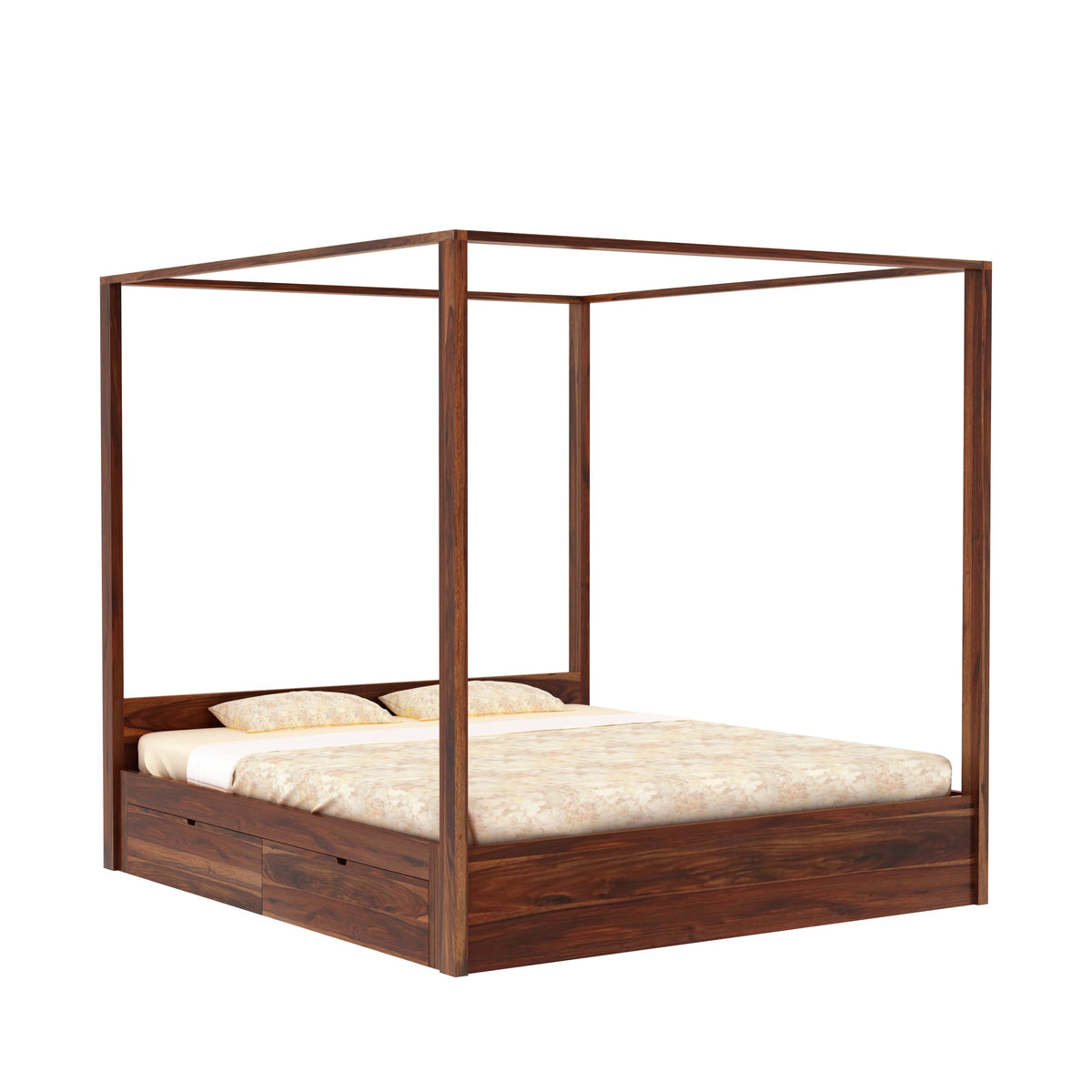 Solivo Solid Sheesham Wood Poster Bed With Four Drawers (Queen Size, Natural Finish)
