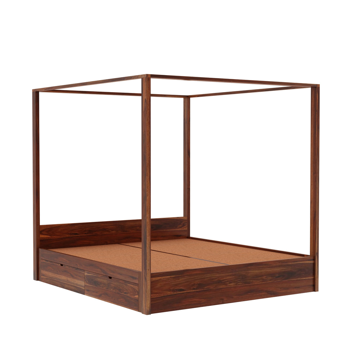 Solivo Solid Sheesham Wood Poster Bed With Four Drawers (Queen Size, Natural Finish)