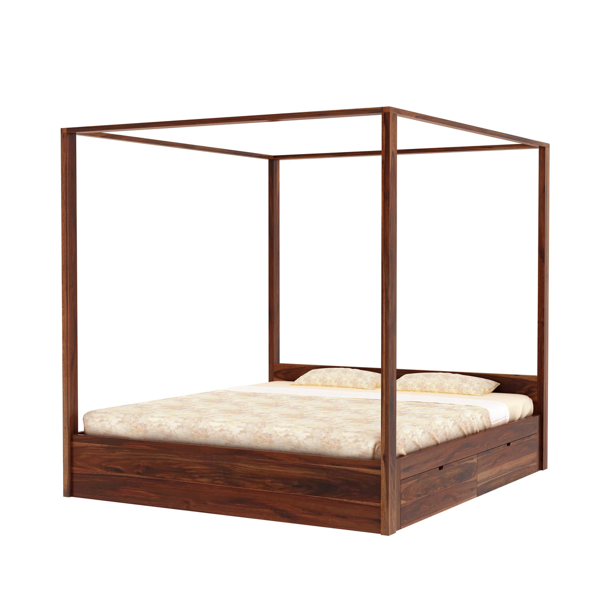 Solivo Solid Sheesham Wood Poster Bed With Four Drawers (Queen Size, Natural Finish)