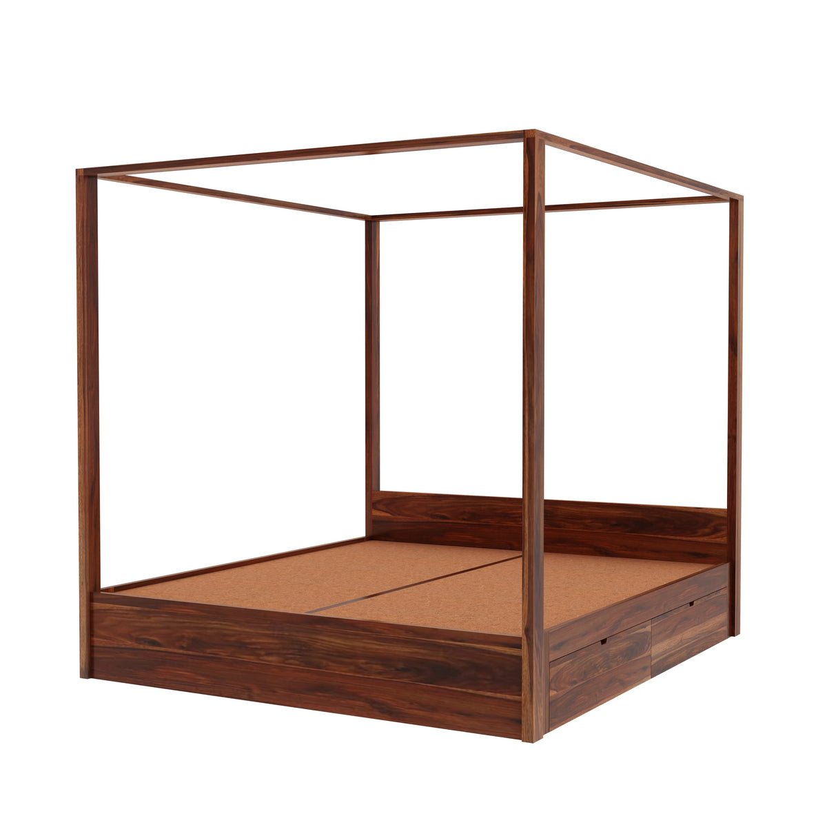 Solivo Solid Sheesham Wood Poster Bed With Four Drawers (Queen Size, Natural Finish)