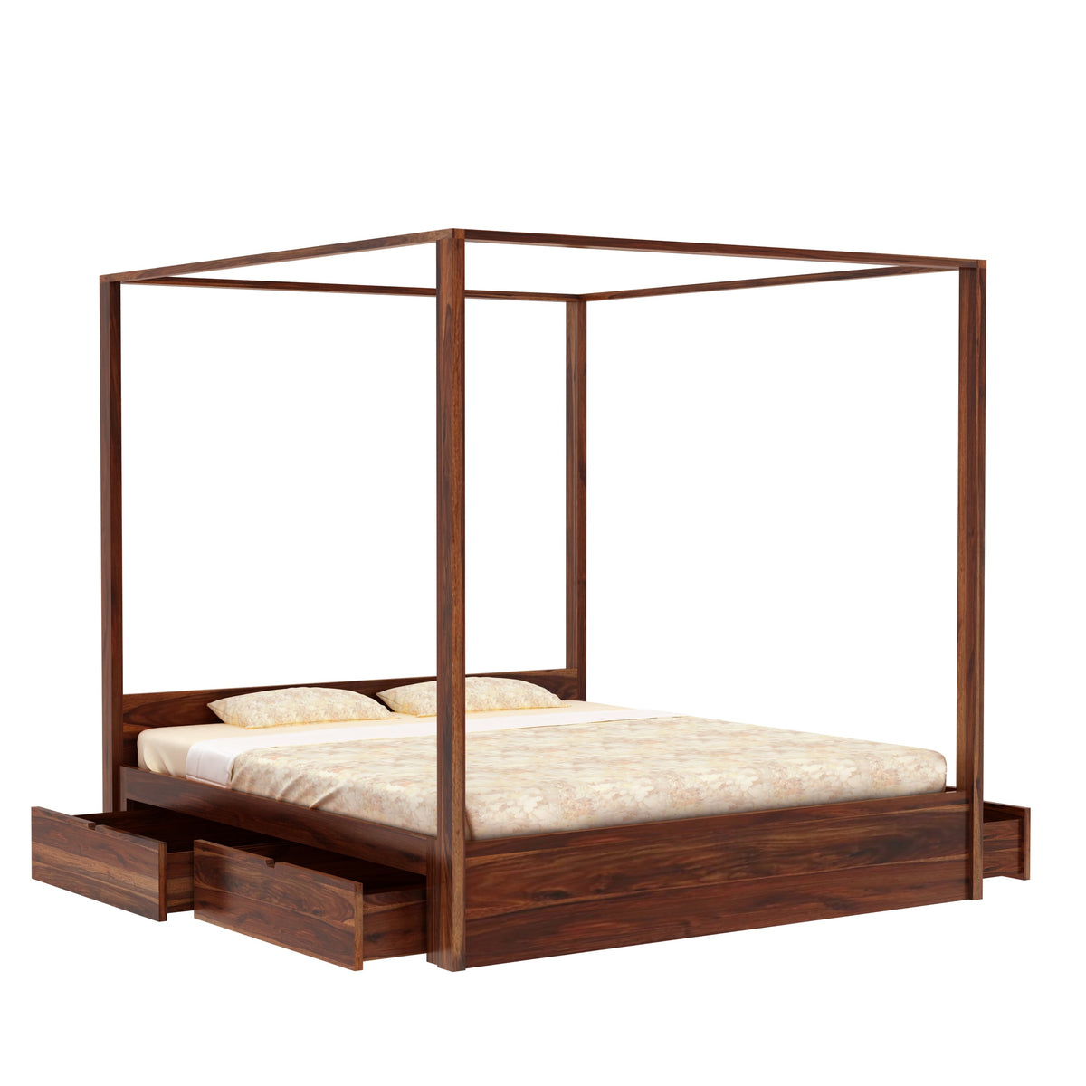 Solivo Solid Sheesham Wood Poster Bed With Four Drawers (Queen Size, Natural Finish)