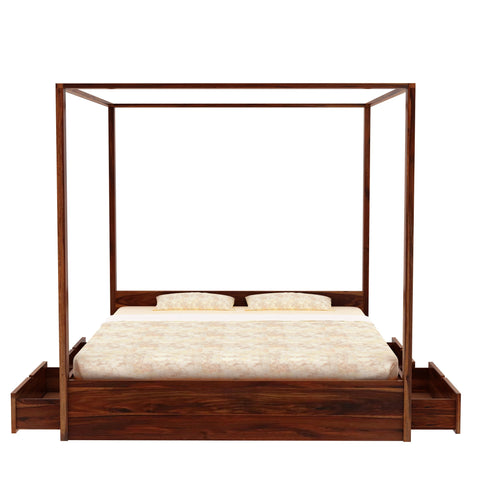 Solivo Solid Sheesham Wood Poster Bed With Four Drawers (Queen Size, Natural Finish)