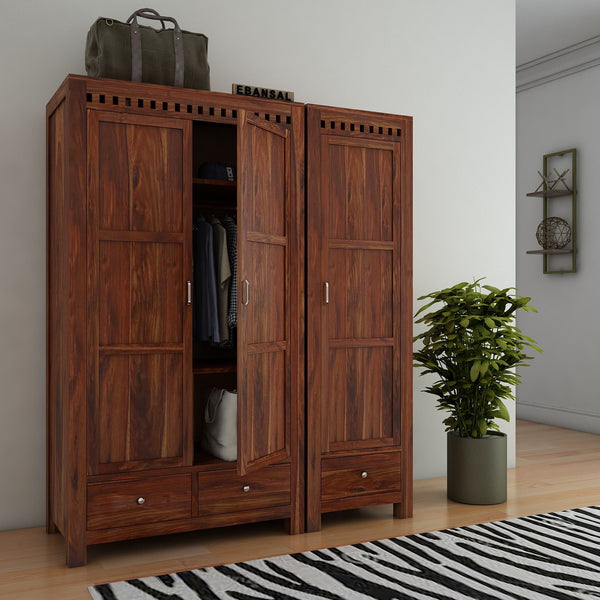 Amer Solid Sheesham Wood Wardrobe Set (Natural Finish)