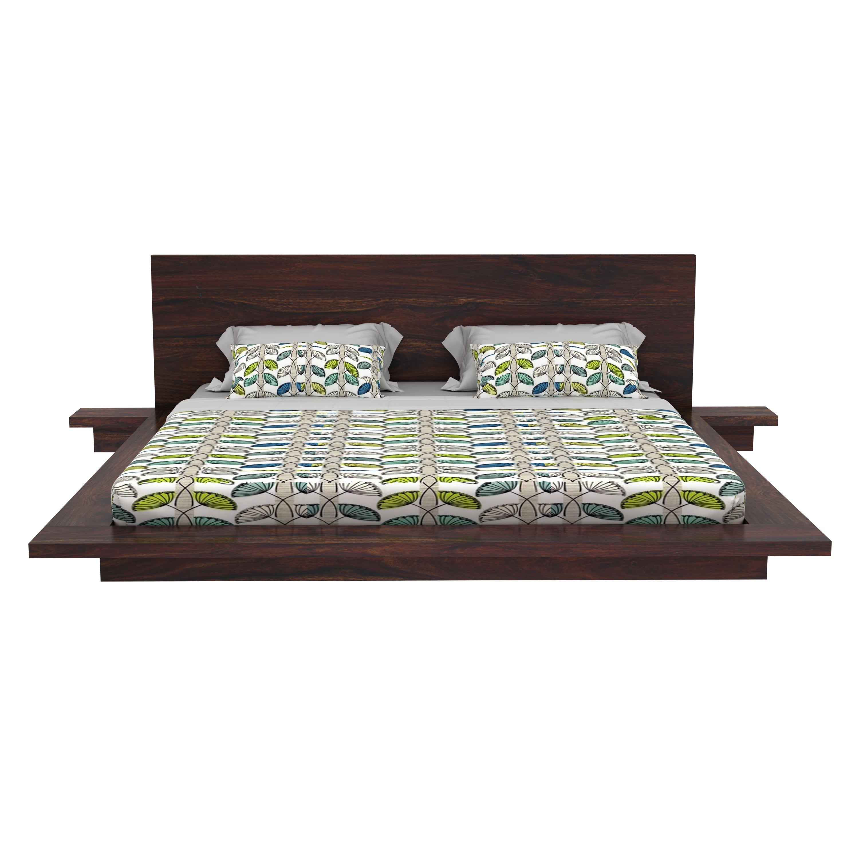 Woodora Solid Sheesham Wood Bed With Bedside Tables (Queen Size, Walnut Finish)