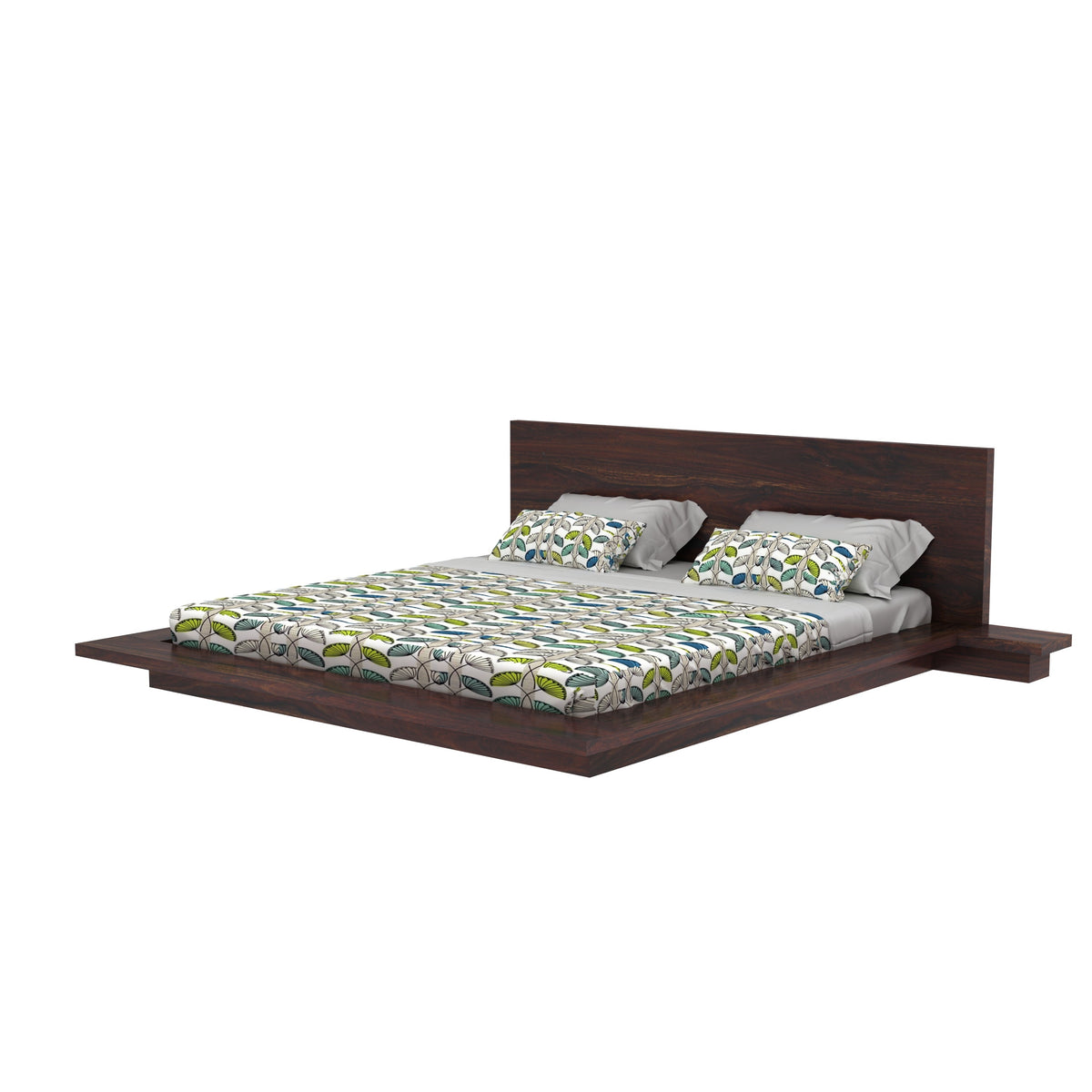Woodora Solid Sheesham Wood Bed With Bedside Tables (Queen Size, Walnut Finish)