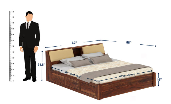 Rubikk Solid Sheesham Wood Bed With Box Storage (Queen Size, Natural Finish)