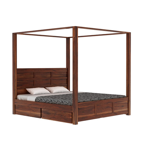 Woodwing Solid Sheesham Wood Poster Bed With Four Drawers (King Size, Natural Finish)