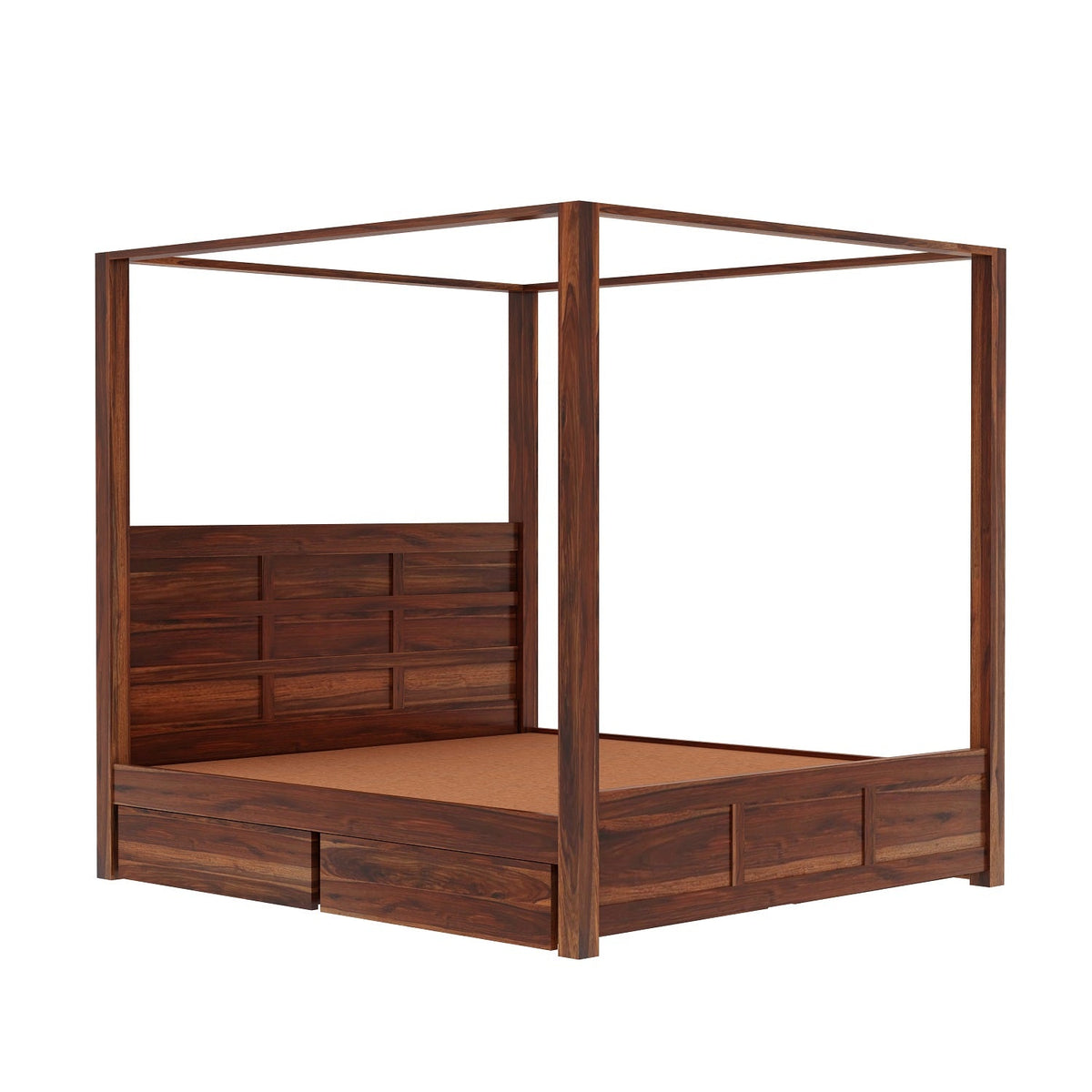 Woodwing Solid Sheesham Wood Poster Bed With Four Drawers (Queen Size, Natural Finish)