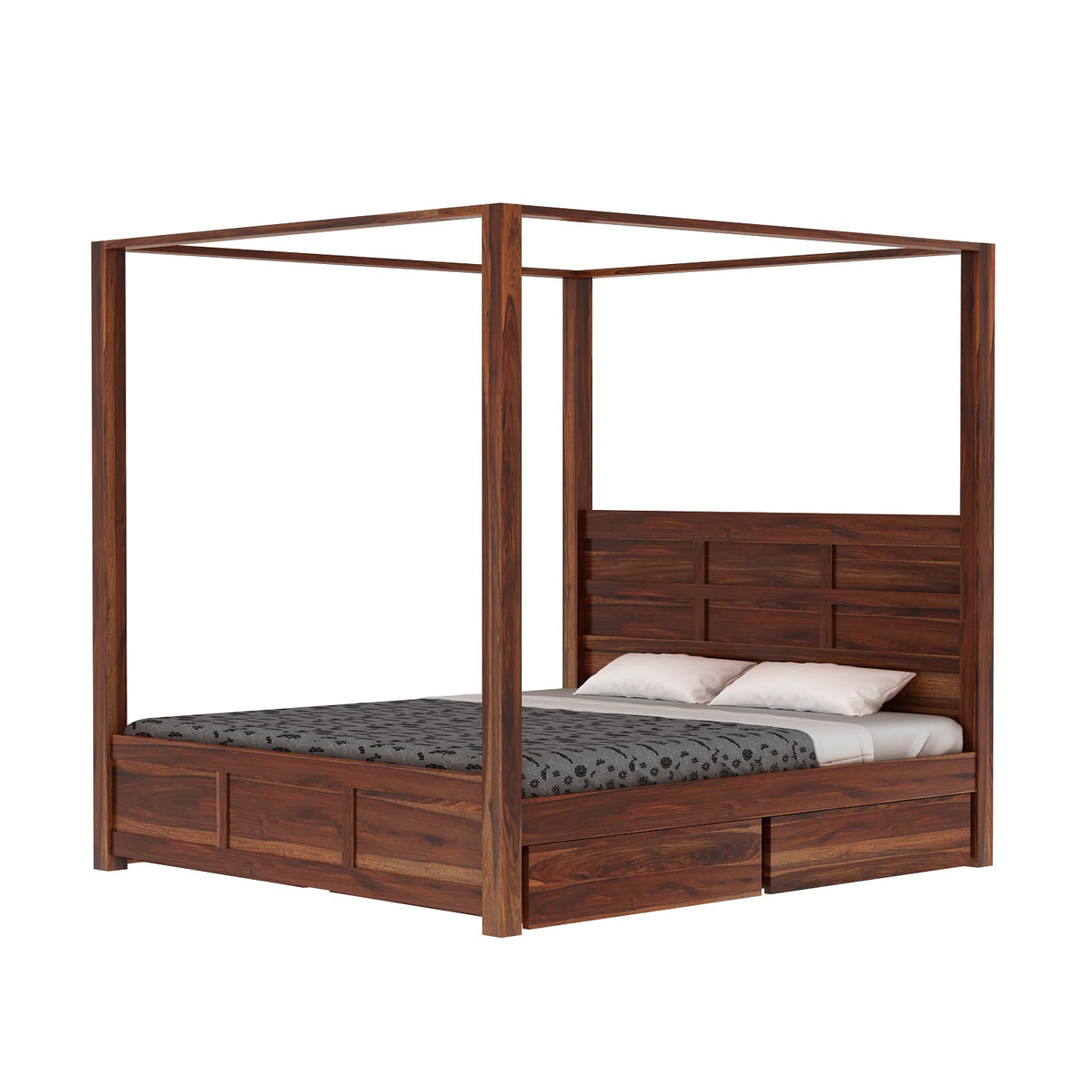 Woodwing Solid Sheesham Wood Poster Bed With Four Drawers (King Size, Natural Finish)