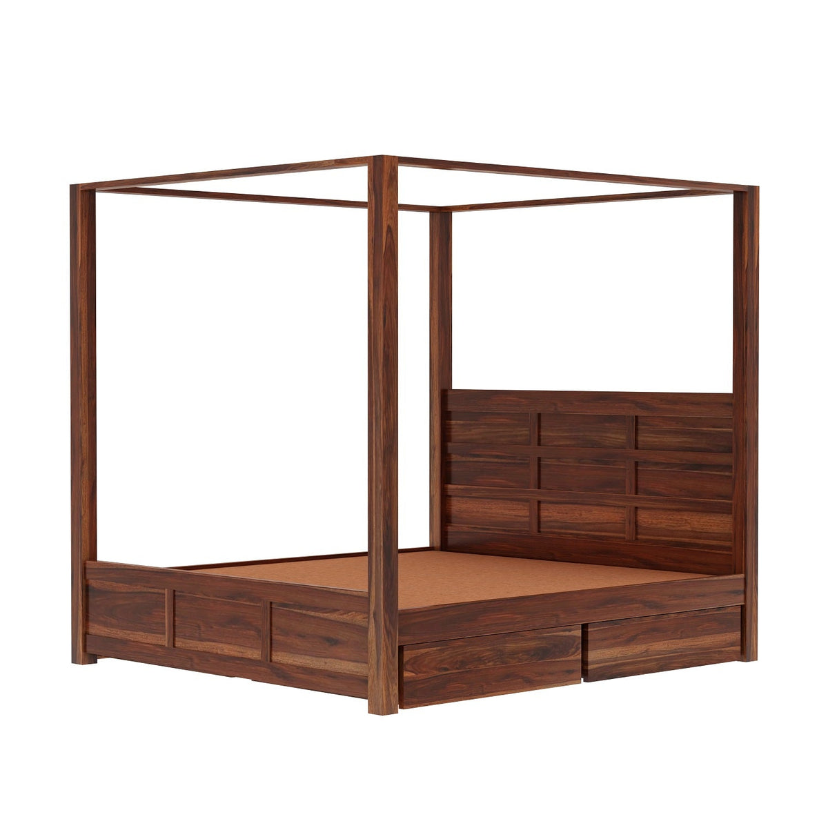 Woodwing Solid Sheesham Wood Poster Bed With Four Drawers (Queen Size, Natural Finish)