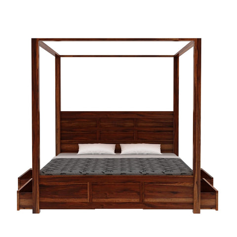 Woodwing Solid Sheesham Wood Poster Bed With Four Drawers (Queen Size, Natural Finish)