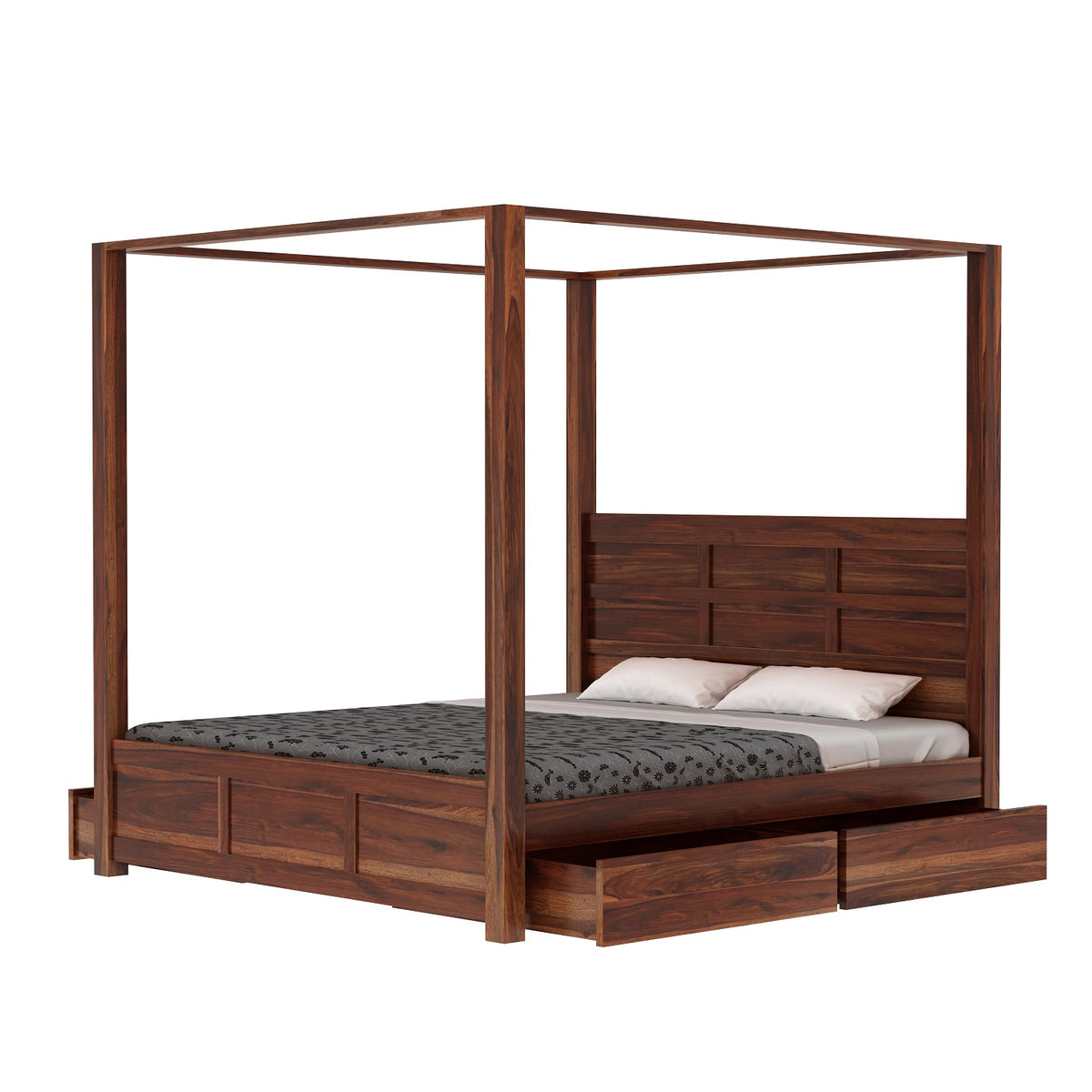 Woodwing Solid Sheesham Wood Poster Bed With Four Drawers (King Size, Natural Finish)